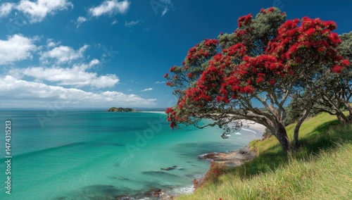 Coastal scene with pohutukawa tree and ocean