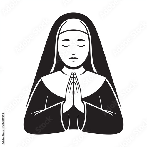 Silhouette of praying nun in habit illustration, religious woman prayer pose vector art.