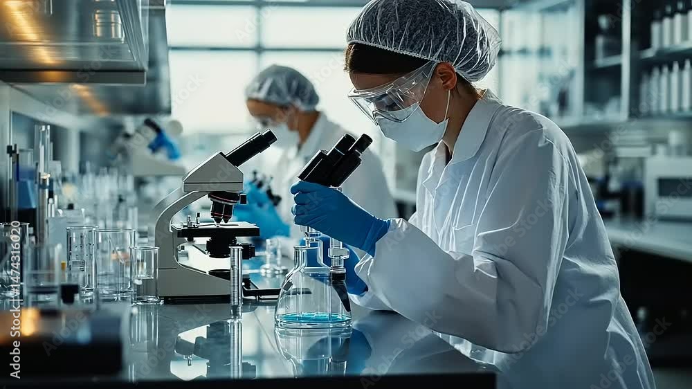 Scientists conducting research in a modern laboratory with microscopes and glassware Scientists conducting research in a modern laboratory with microscopes and glassware