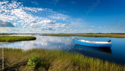 tranquil view niantic connecticut salt marsh in summer with blue sky and blue boat reflections of cumulus clouds in still water with copy space saltwater tidal marsh east lyme new england scenic