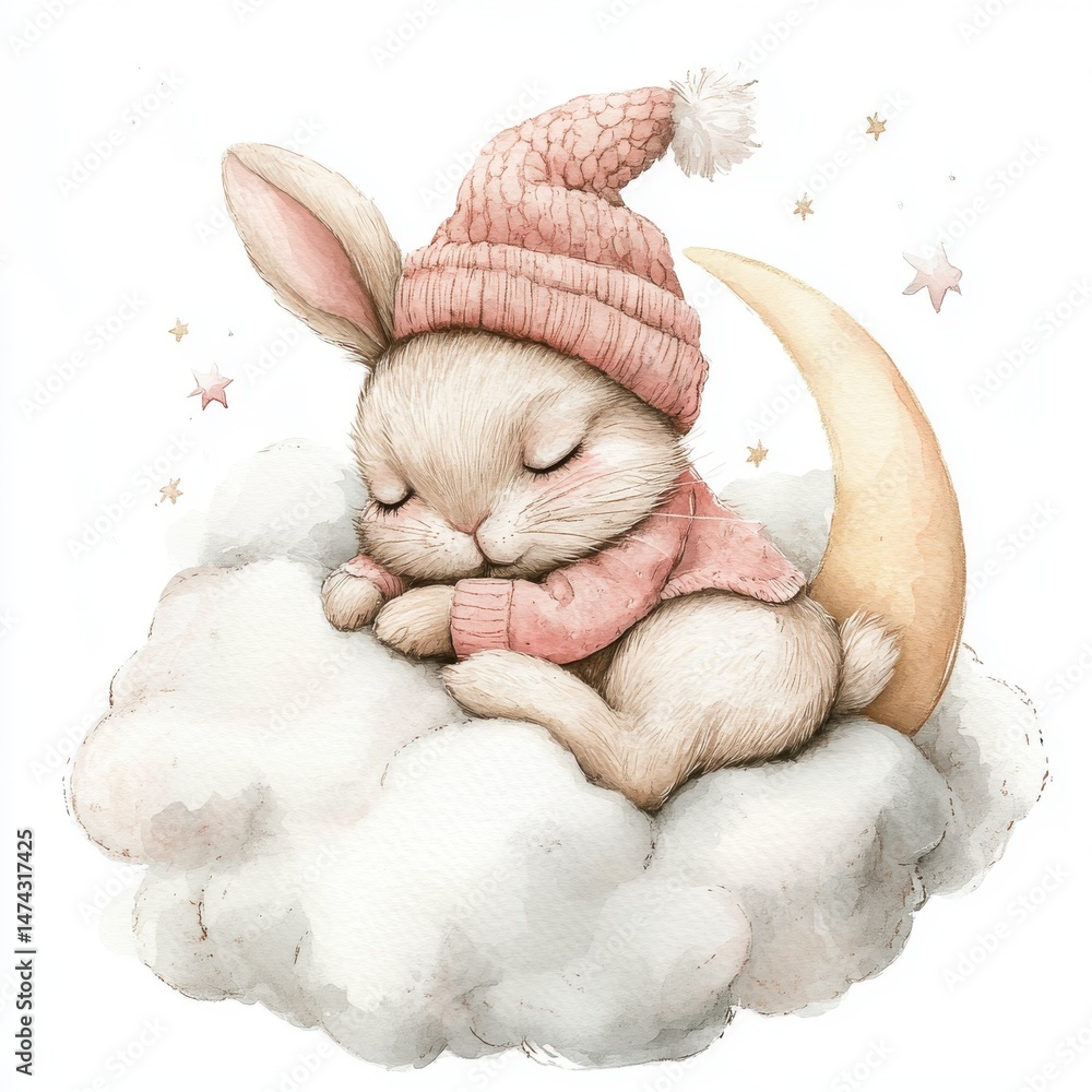 Fototapeta premium Starry Night Bunny Rest: Charming Illustration of a Sleeping Rabbit with Party Hat on a Cloud Beside a Pink Crescent Moon.