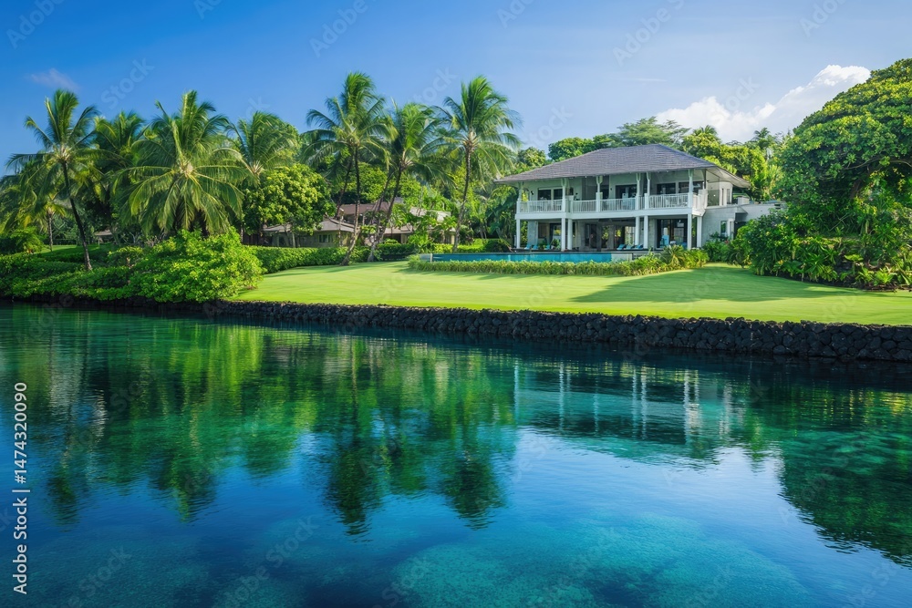 Obraz premium Coastal Home, TwoStory Villa with Palm Trees, Blue Water, and Bright Sunny Skies
