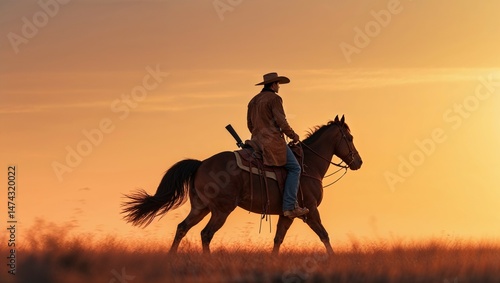 Cowboy riding a horse silhouette against a desert sunset