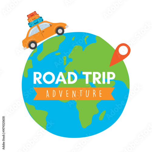 road trip adventure car drive around the world vector illustration
