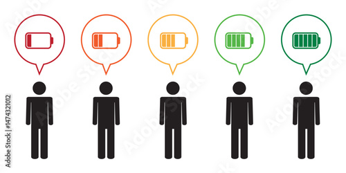 people with empty and fully charged battery pictogram isolated vector illustration