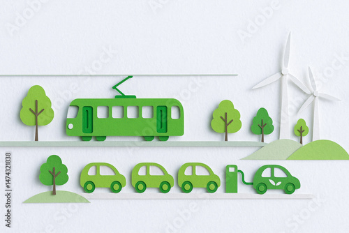 Eco friendly green public transport and electric car charging station with wind turbine and trees, promoting sustainable urban mobility