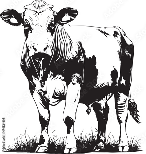 Standing cow in black and white farm animal vector illustration