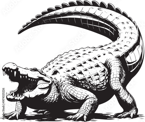 Black and white stylized crocodile illustration with raised tail