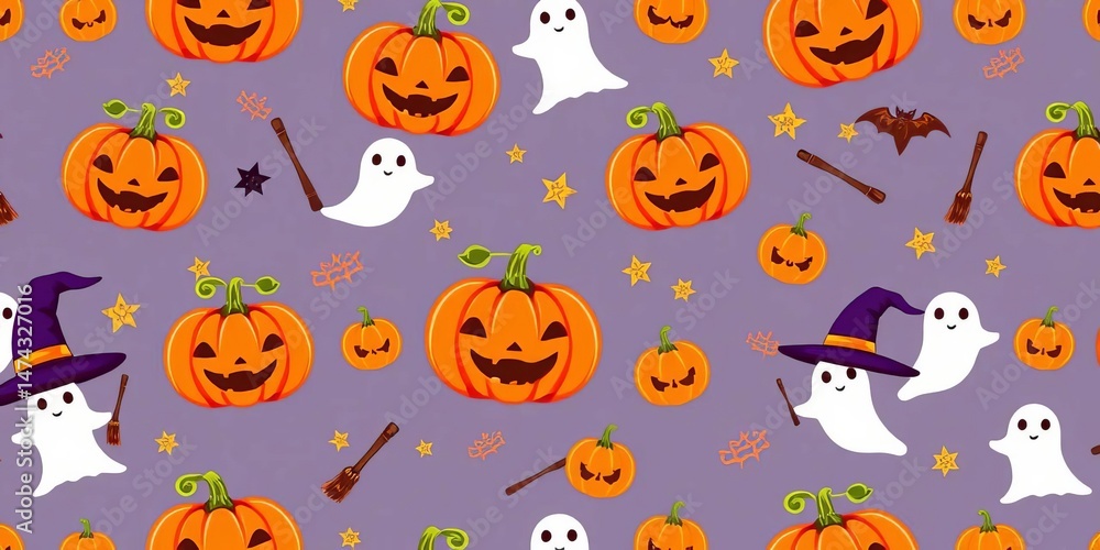Cute Halloween seamless pattern background featuring outlined pumpkins, ghosts, witches' hats, and magic wands, background, seamless Cute Halloween seamless pattern background featuring outlined pumpkins, ghosts, witches' hats, and magic wands, background, seamless