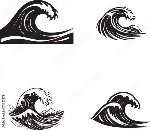 Minimalist black and white wave pattern, Japanese woodblock style, stylized ocean flow design, vector illustration, abstract aquatic motion, high contrast, smooth flowing lines, tattoo-style waves, cl