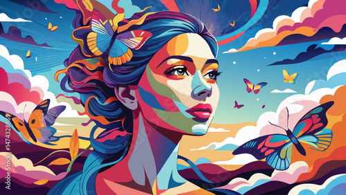 A collage art piece merging a woman's profile, butterflies, and sky imagery for a surreal, dreamlike effect