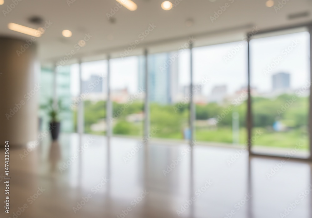 Fototapeta premium Blurred interior of a modern office building with city view through windows