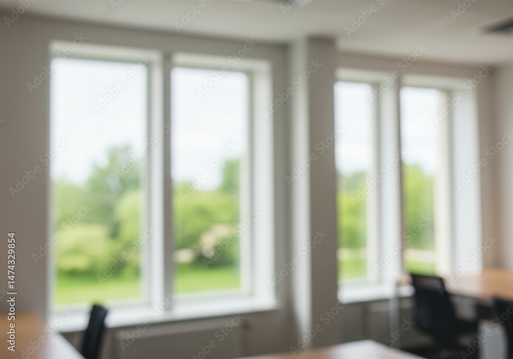 Fototapeta premium Blurred interior view of office space with windows overlooking greenery