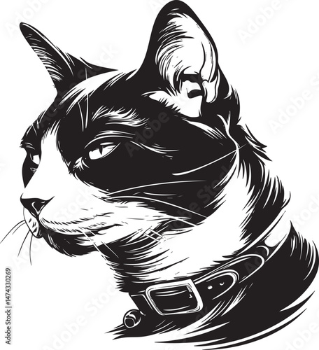 Cat head with collar in sharp black and white side profile illustration