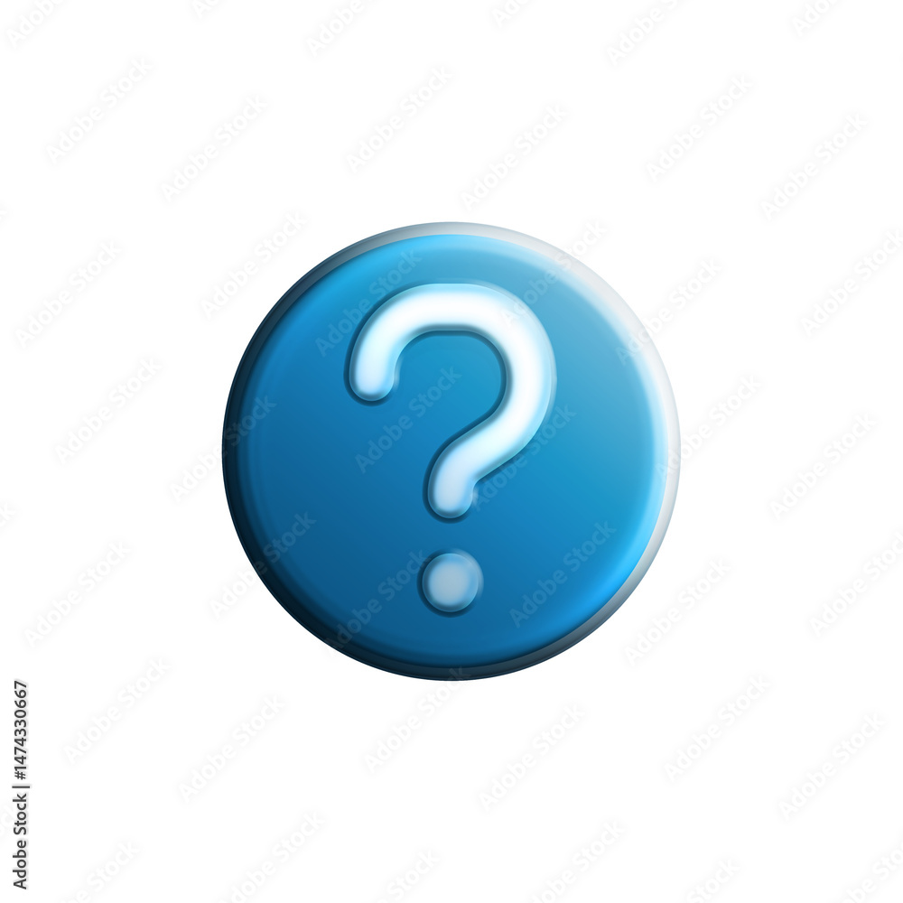 Glossy blue button with a bold white question mark symbol, rendered in a 3D style on transparent background. For FAQ sections, help center icons, customer support. Glossy blue button with a bold white question mark symbol, rendered in a 3D style on transparent background. For FAQ sections, help center icons, customer support.