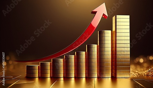 gold bar chart with red arrow representing financial growth and upward trend