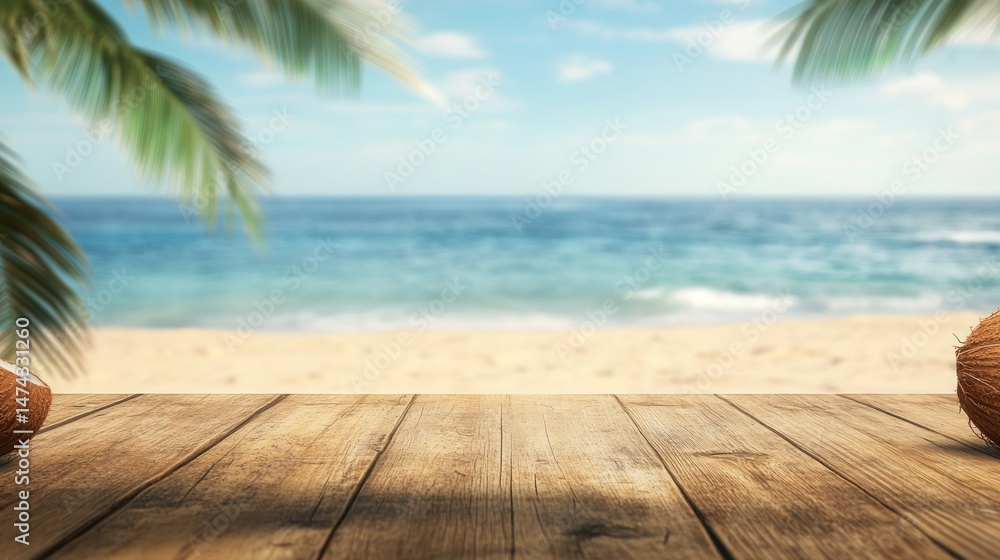 Fototapeta premium Tropical beach scene, wooden deck, coconuts
