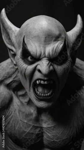 A monochrome close-up of a very upset pointy-eared monster erupting in anger, opening its toothy mouth