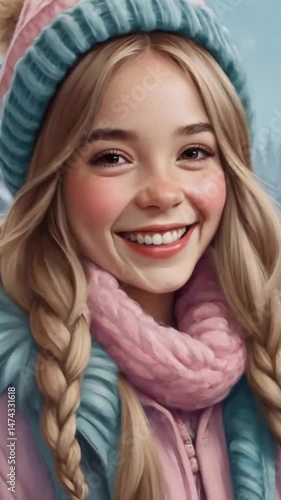Bundled in a pastel winter outfit, a young girl with braided blonde hair, rosy cheeks, and warm brown eyes smiles sincerely at the unexpected joke