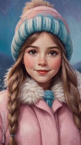 Confident, sharp-eyed girl with rosy cheeks and braids smiles softly in a serene snowy mountain landscape