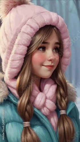 Rosy-cheeked girl with braided hair glances away with an awkward smile after an unexpected compliment, against a winter forest backdrop