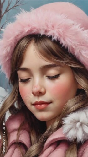 Young girl with rosy cheeks, bundled in a fluffy pink hat and coat, closes her blue eyes and makes a wish, against a serene winter backdrop