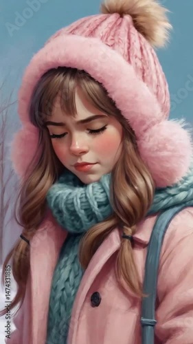 Young sad girl with rosy cheeks and braided hair wrapped in a pastel pink coat, teal scarf and fluffy hat, lowers her head and closes her eyes, drowning in sorrow