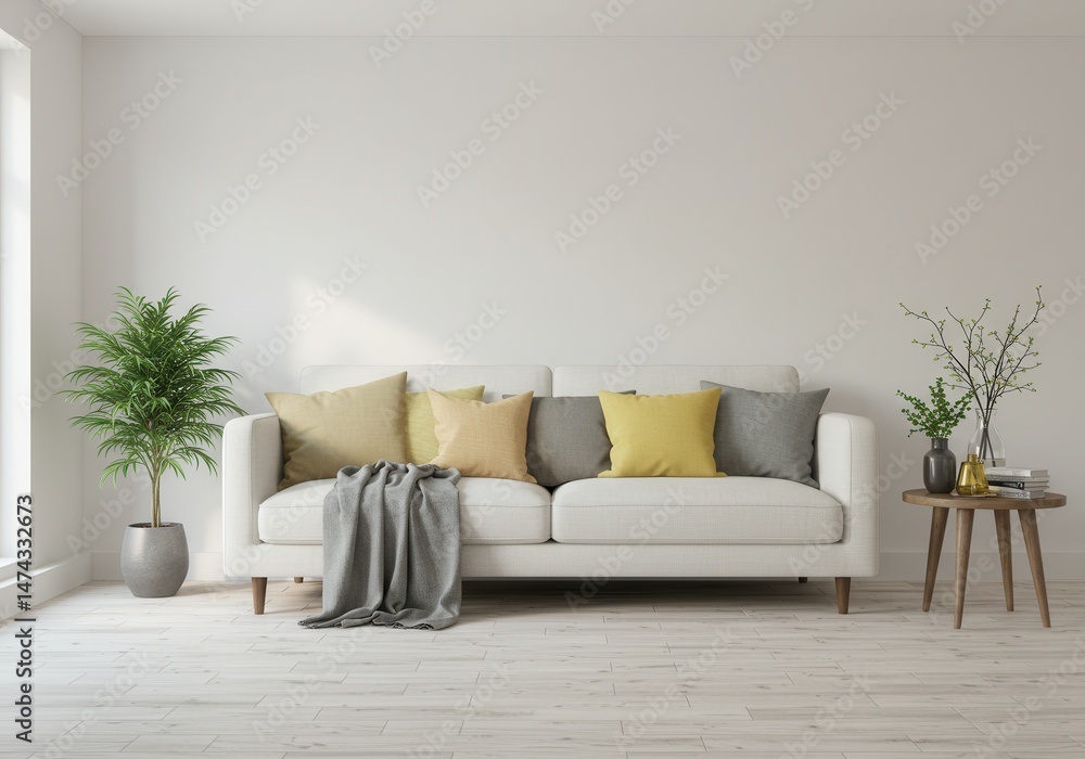 Fototapeta premium Bright living room interior with a white sofa, pillows, blanket, plant, and small table against a white wall