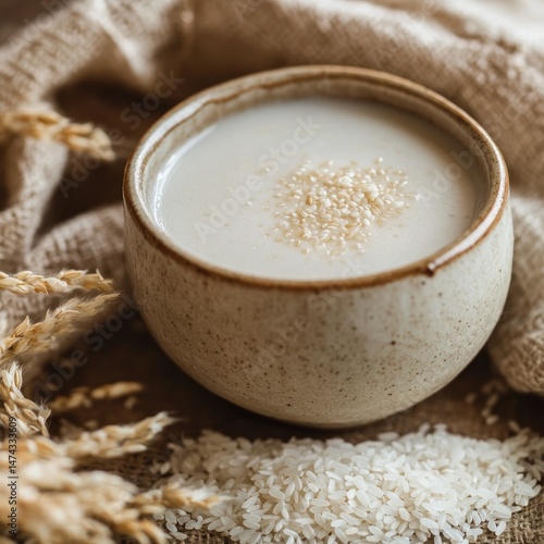 Creamy Rice Porridge in Bowl, Rustic Setting photo