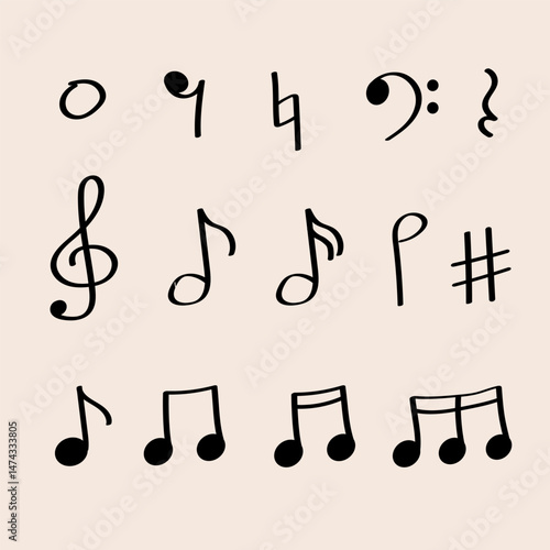 Set of musical notes and symbols on light pastel background