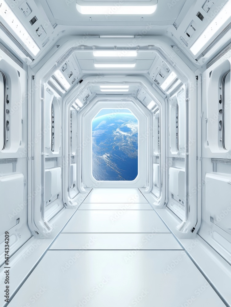 Obraz premium Futuristic spaceship interior with Earth view perspective shot of a clean white hallway in a space station with view of planet