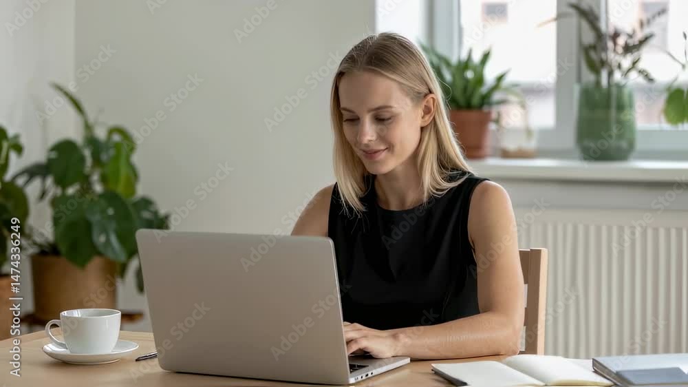 Freelancer Working at Home Desk with Laptop, Plants, and Coffee in Cozy Atmosphere
Freelancer Working at Home Desk with Laptop, Plants, and Coffee in Cozy Atmosphere