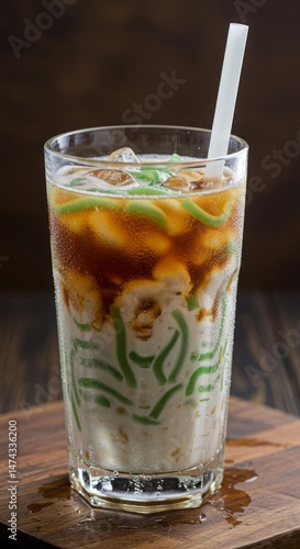 Wallpaper Mural Refreshing Indonesian iced dessert drink es cendol with coconut milk, palm sugar syrup, and green rice flour jelly in a tall glass. Cool tones, condensation on glass, summer vibe, close-up shot. Torontodigital.ca