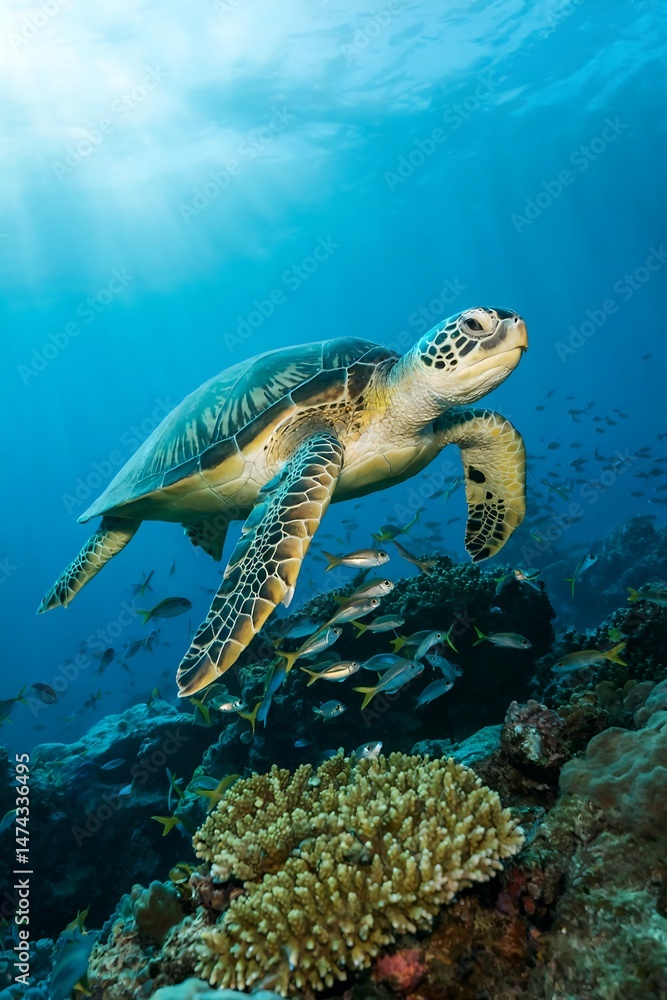 Obraz premium Green Sea Turtle in Coral Reef: A graceful green sea turtle gracefully navigates a vibrant coral reef, its shell shimmering in the sunlight.