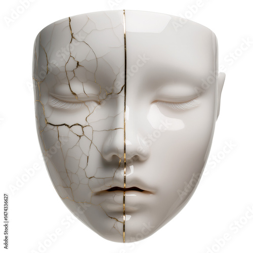 Porcelain face cracked with golden kintsugi lines