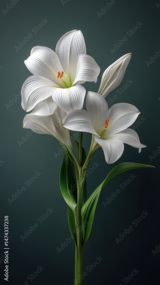 Fototapeta premium A captivating close up showcases the delicate beauty of pristine white lilies with slender green leaves against a dark and shadowy muted background tone.