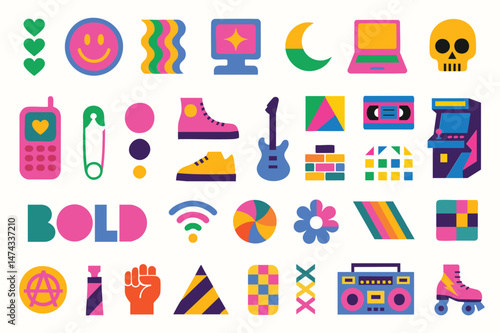 Punk‑grunge collection of sneakers, guitars, arcades and anarchy symbols bursting with neon rebellion.
