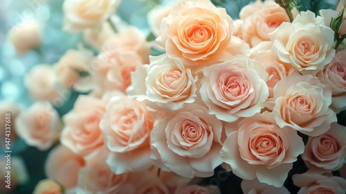 Close-up of vibrant peach roses in full bloom, showcasing intricate details and texture. Elegant composition with blurred background.