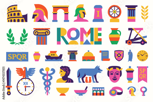 Colosseum arches, SPQR banners and laurel wreaths—classical history reimagined in punchy contemporary color.