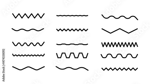 Wave line and wavy zigzag pattern lines. Vector black underlines, smooth end squiggly horizontal curvy squiggles on white background.