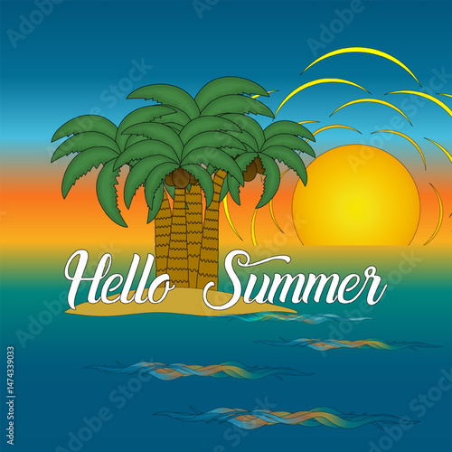Cartoon vector greeting card with tropical island scene with coconut palms, sun, sunset and ocean waves. Hello Summer inscription. Ideal for holiday and vacation banner, or summertime activity design.