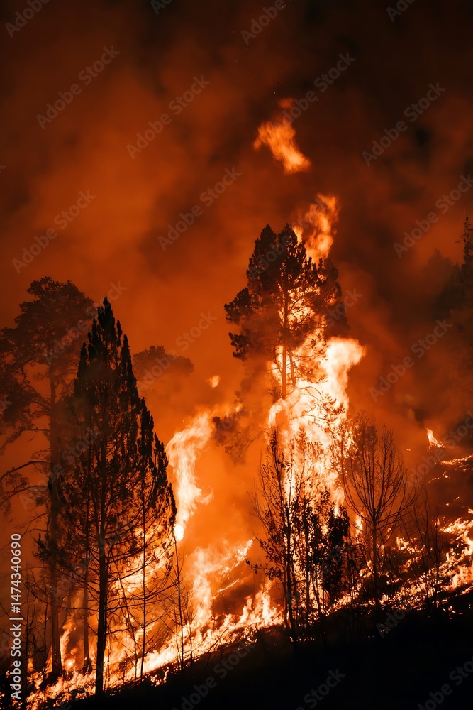 Fototapeta premium Raging Inferno: A terrifying scene of a raging forest fire, flames engulfing trees, with smoke billowing ominously against the twilight sky.
