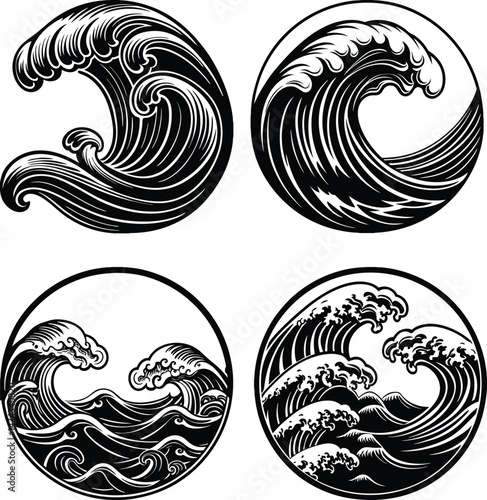 Minimalist black and white wave pattern, Japanese woodblock style, stylized ocean flow design, vector illustration, abstract aquatic motion, high contrast, smooth flowing lines, tattoo-style waves, cl