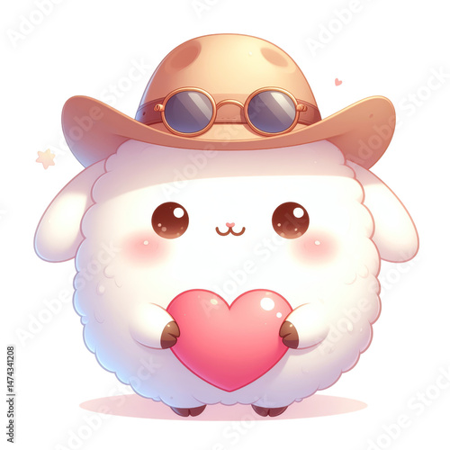 Cute cartoon sheep holding a heart, wearing a hat and sunglasses isolated against a transparent background..