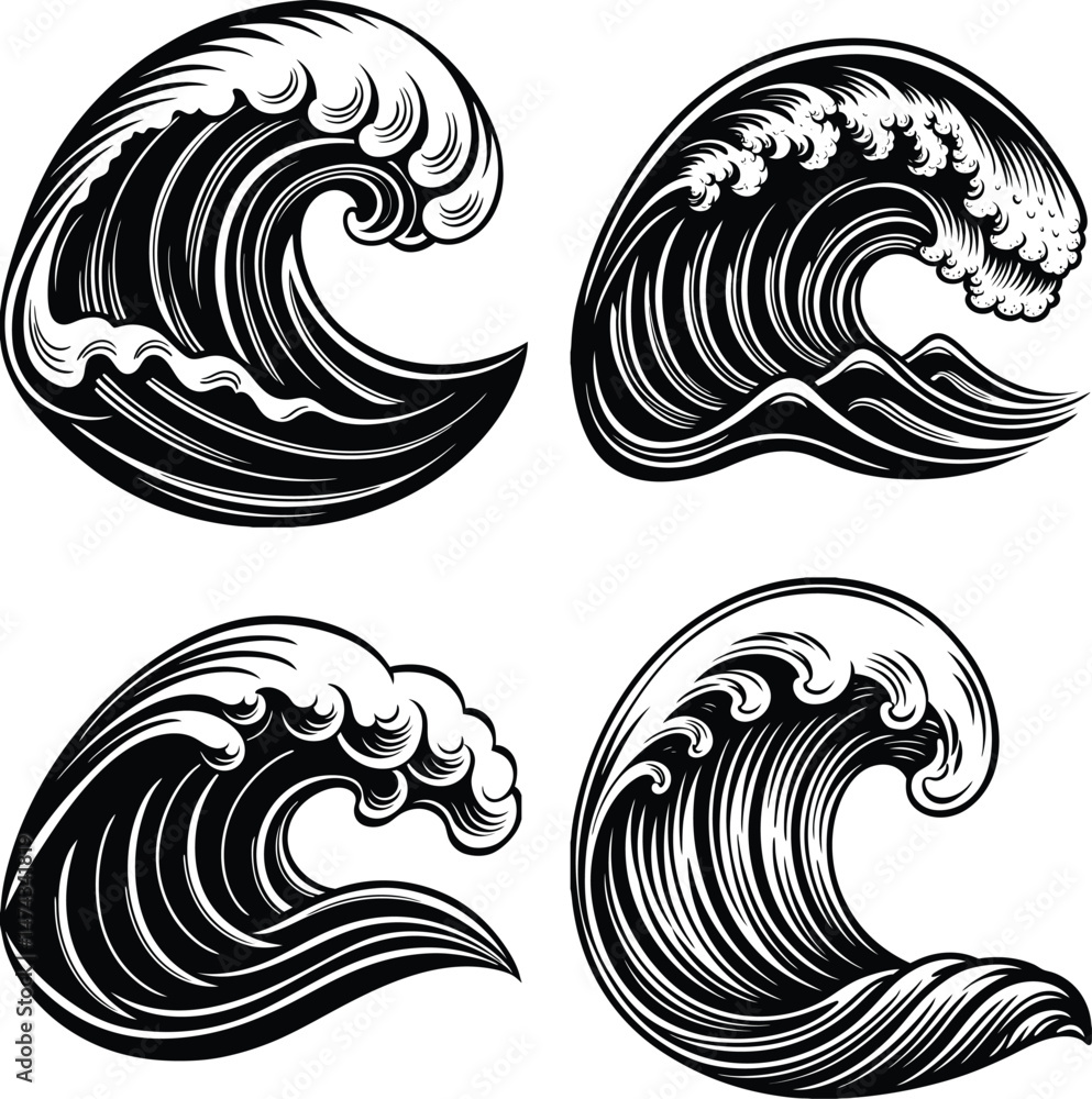 Obraz premium Minimalist black and white wave pattern, Japanese woodblock style, stylized ocean flow design, vector illustration, abstract aquatic motion, high contrast, smooth flowing lines, tattoo-style waves, cl