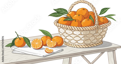 Mandarin in wicker basket with mandarin slice on table in white background vector design, Mandarin Illustration vector design, Mandarin orange vector design