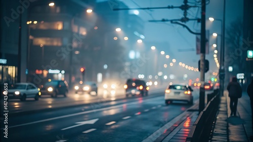 Rainy city streets at night cars passing with blur background urban environment defocused view