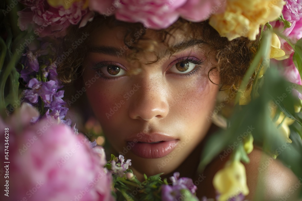 Obraz premium Close-up portrait of a young woman surrounded by flowers.