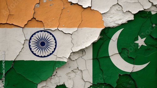 Peeling paint on wall revealing Indian and Pakistani flags indicating hidden tension and layered history.