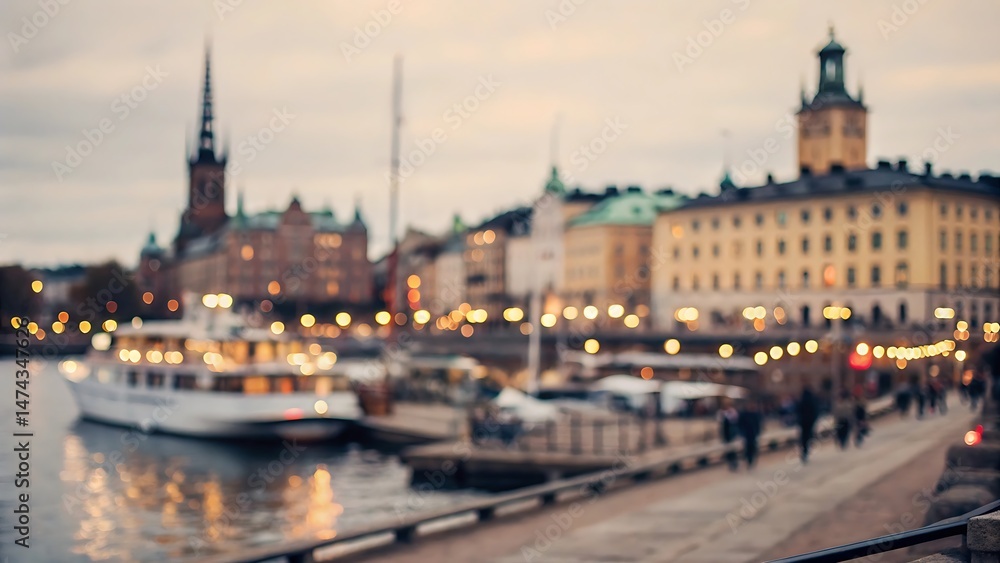 Fototapeta premium Evening stroll by the waterfront stockholm defocused background with city lights